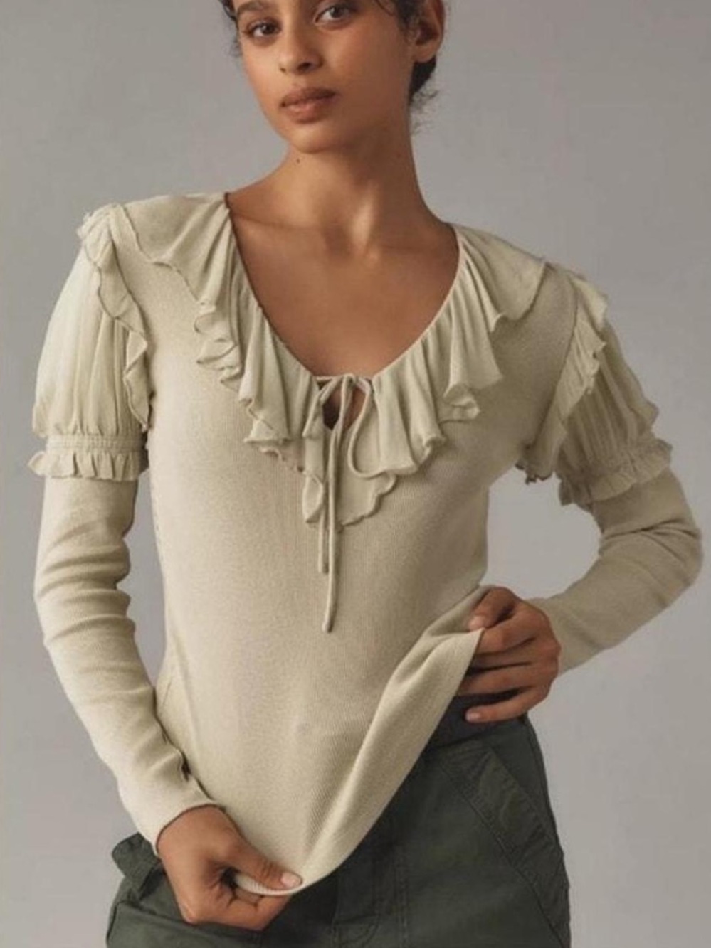 Anthropologie Sage Green Ruffled Long-Sleeve Tee Small